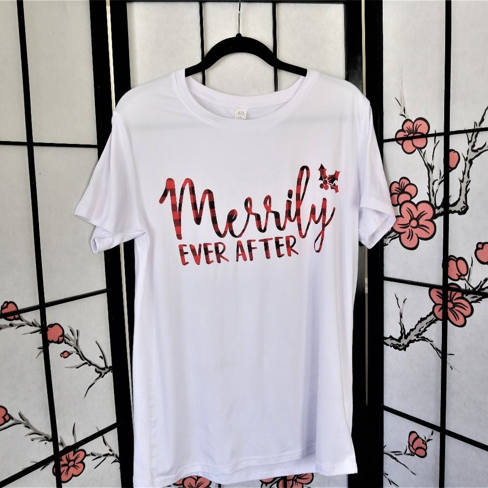 White Merrily Ever After Christmas Engagement Shirt Long Size Extra Large